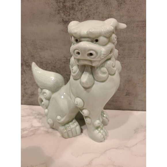 Foo Dogs 6" Green Wash Porcelain Shishi Figurines Vintage Set of 2 Komainu EUC - Picture 7 of 15